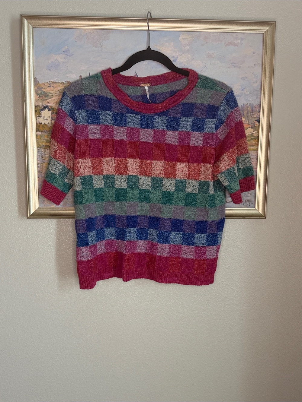 Free People Multicolor Check Short-Sleeve Crewneck Sweater size XS (bin12)